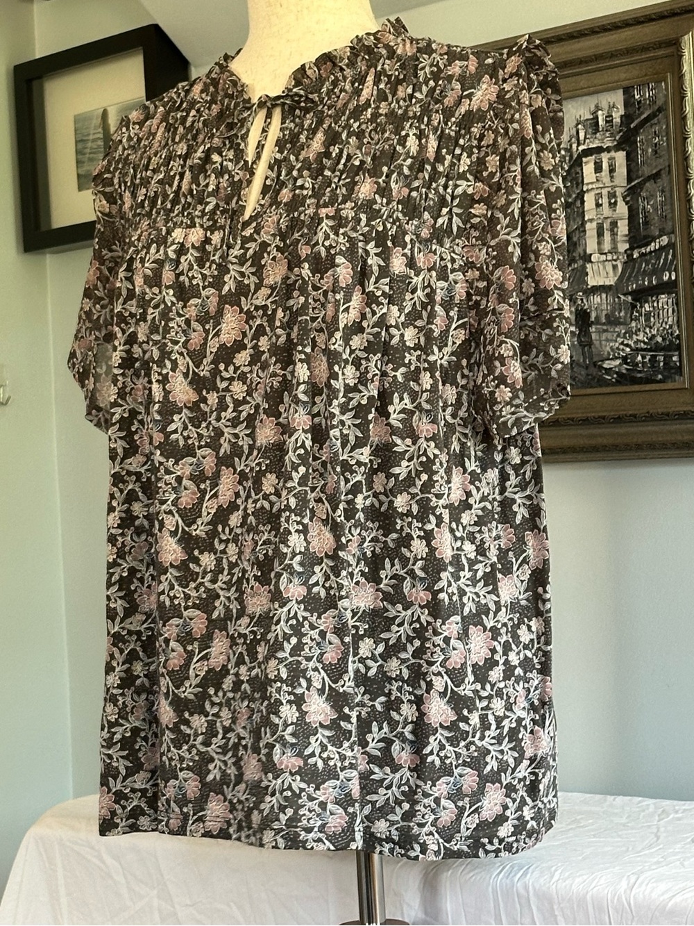 Lucky Brand Floral Ruffled Neck Blouse Sz XL